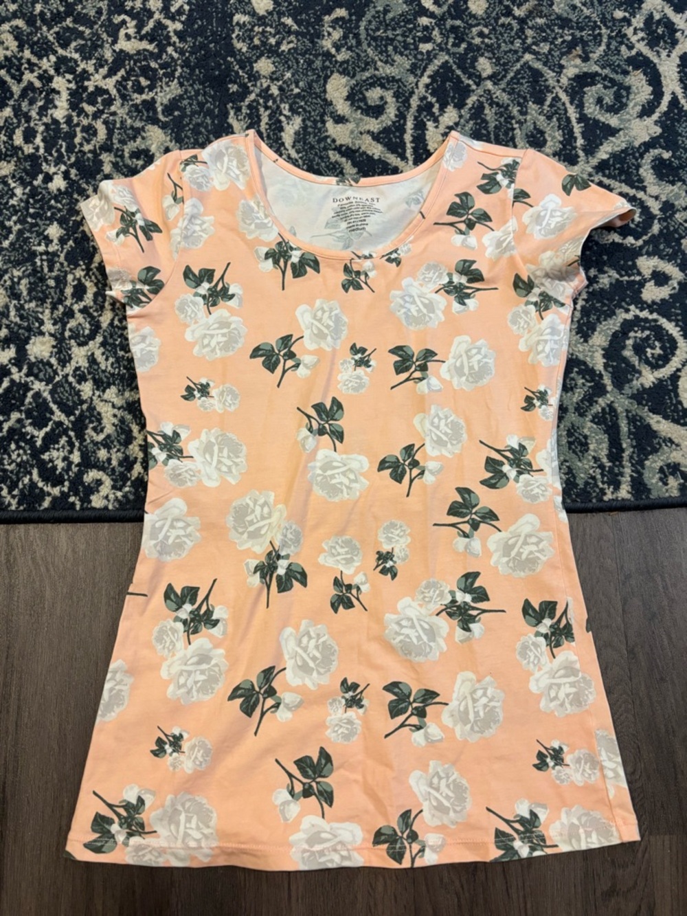 DownEast Peach Floral Tee with White Roses